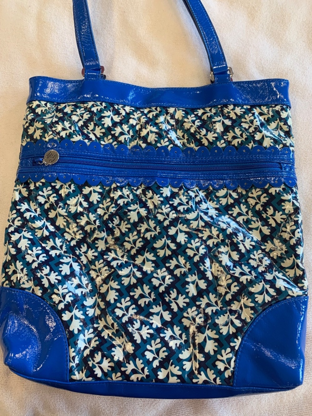 Vera Bradley Frill Tote Blue Cobalt Coated Canvas Large Floral Geometric Bag